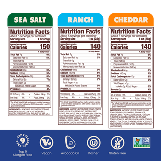 Jackson's Super Veggie Straw Variety Pack Nutrition Labels of Sea Salt, Ranch and Cheddar Flavors
