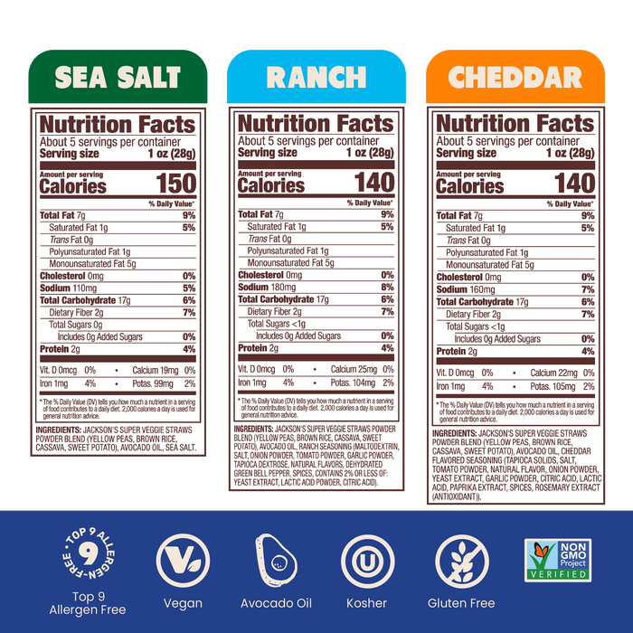 Jackson's Super Veggie Straw Variety Pack Nutrition Labels of Sea Salt, Ranch and Cheddar Flavors