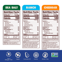 Load image into Gallery viewer, Jackson&#39;s Super Veggie Straw Variety Pack Nutrition Labels of Sea Salt, Ranch and Cheddar Flavors
