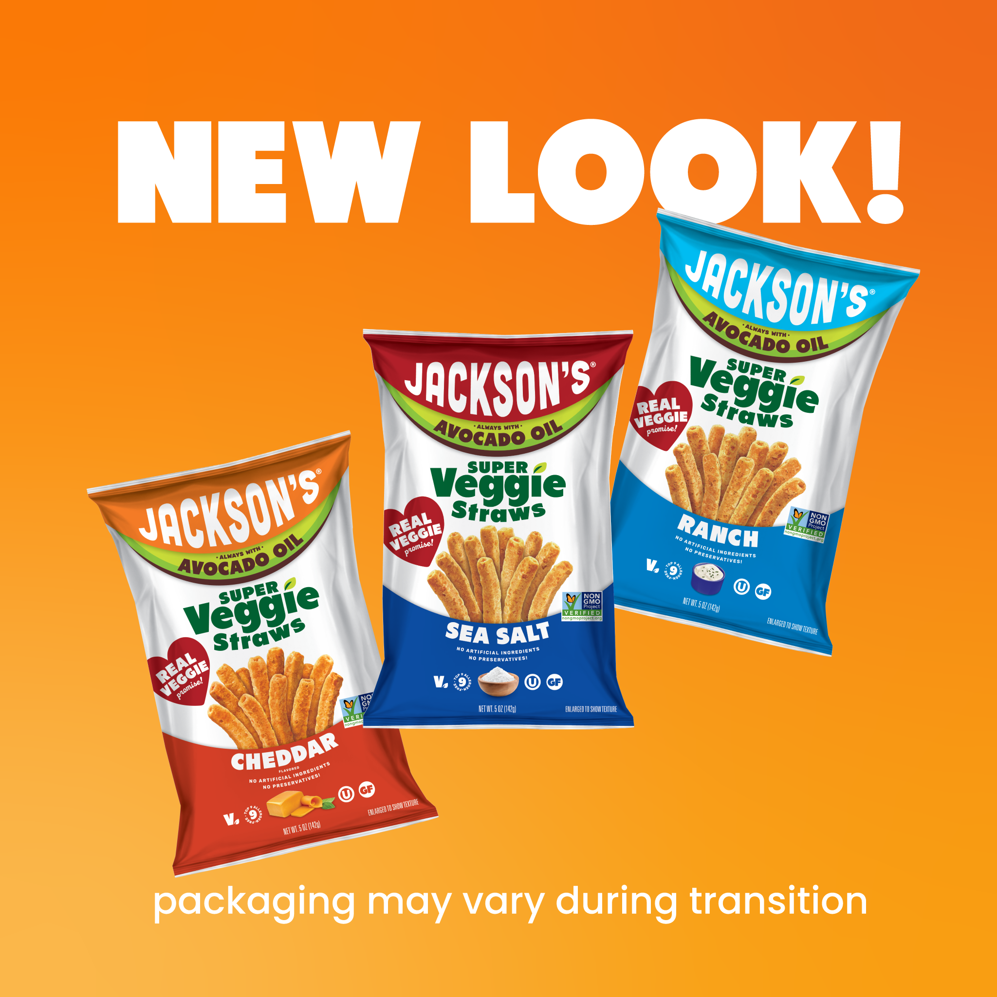 Jackson's Super Veggie Straws new look, new bag, packaging may vary during tanstion.