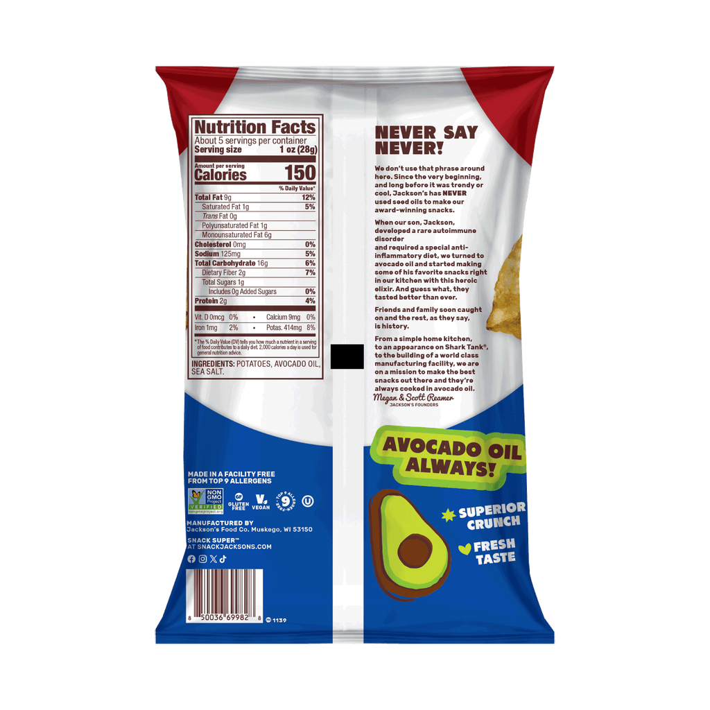 Jackson's Classic Kettle Chips Sea Salt flavor, 5oz bags, cooked in premium avocado oil, Kettle Cooked Potato Chips. Bag of bag.