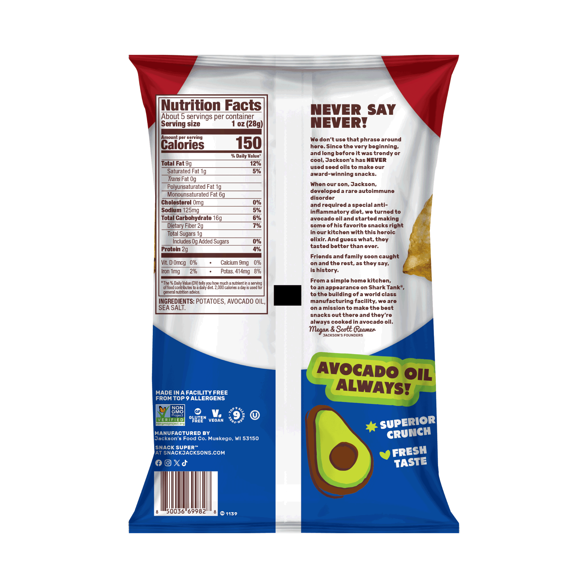 Jackson's Classic Kettle Chips Sea Salt flavor, 5oz bags, cooked in premium avocado oil, Kettle Cooked Potato Chips. Bag of bag.