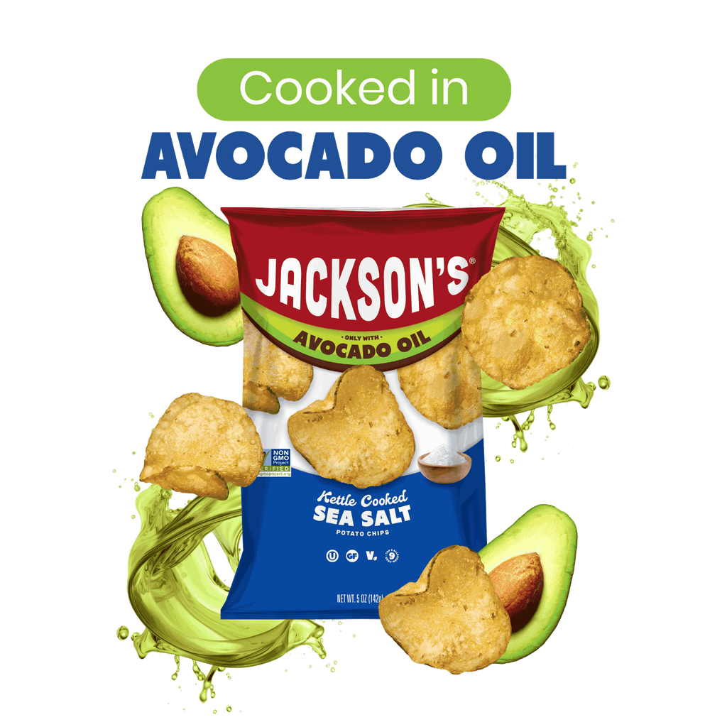 Cooked in avocado oil. Jackson’s Potato Chips. Jackson’s Honest Potato Chips in Sea Salt cooked Heroic in Avocado oil. 