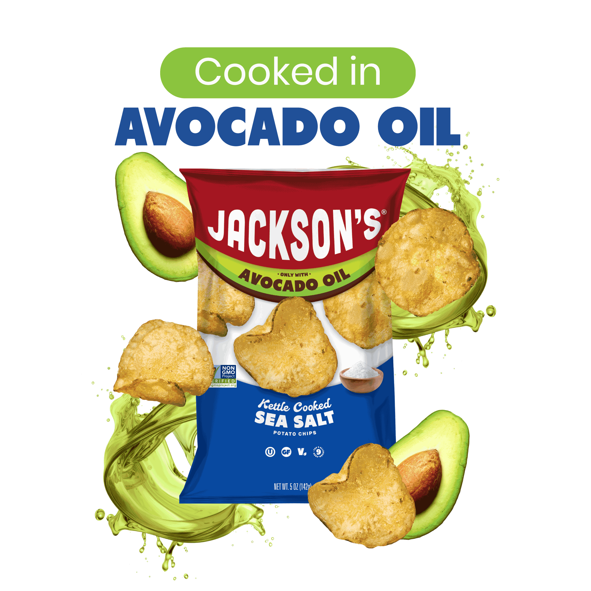 Cooked in avocado oil. Jackson’s Potato Chips. Jackson’s Honest Potato Chips in Sea Salt cooked Heroic in Avocado oil. 