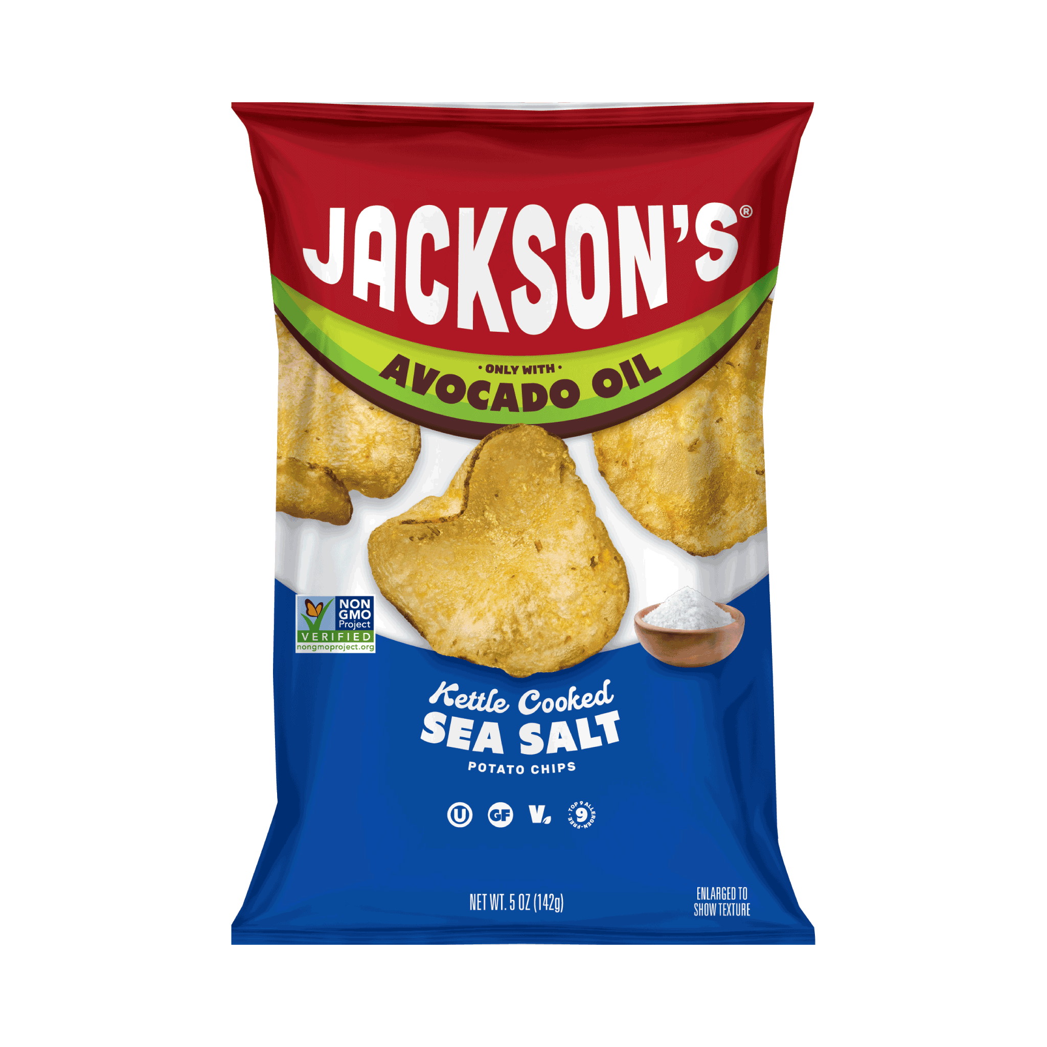Jackson's Classic Kettle Chips Sea Salt flavor, 5oz bags, cooked in premium avocado oil, Kettle Cooked Potato Chips.