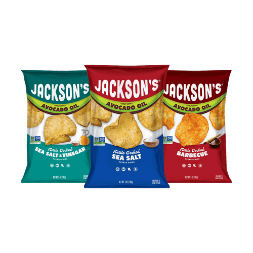 Jackson's kettle cooked chips cooked in avocado oil, gluten-free, vegan, top 9 allergen-free