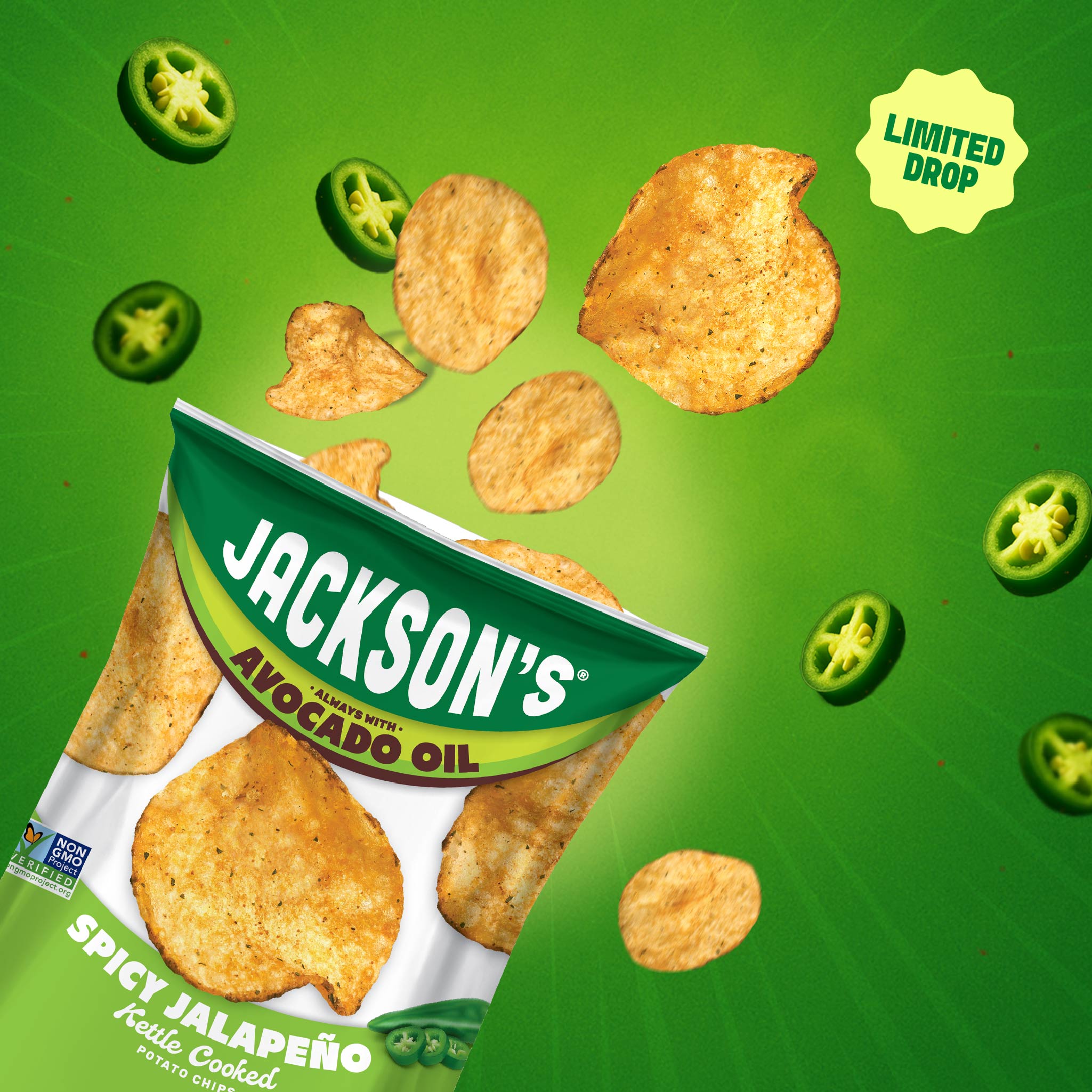 Jackson's Spicy Jalapeño Kettle Chips cooked in avocado oil. Limited Flavor Drop. Better for you snack.
