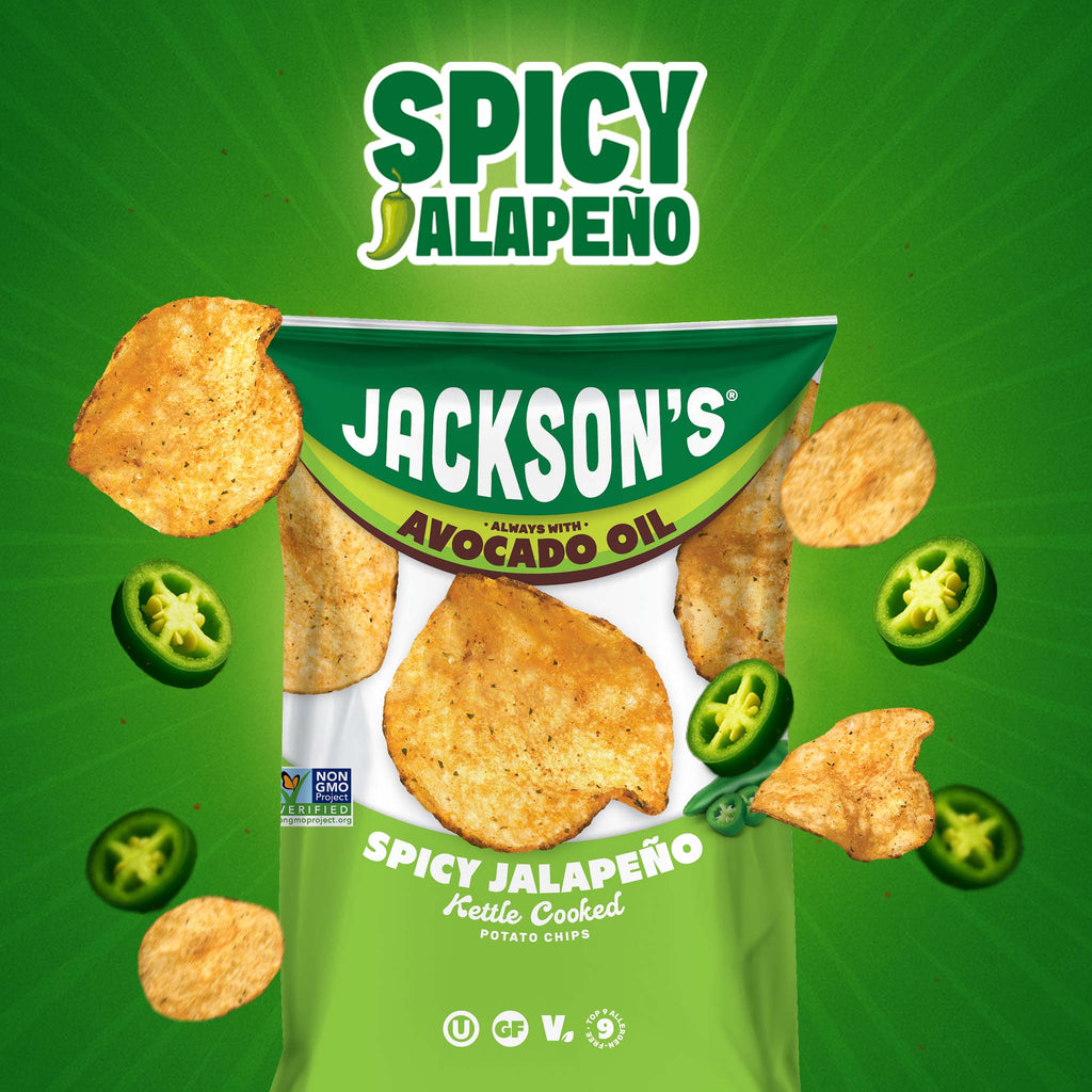 Jackson's Spicy Jalapeño Kettle Chips cooked in avocado oil. Vegan, Gluten-free,  perfect for lunch.