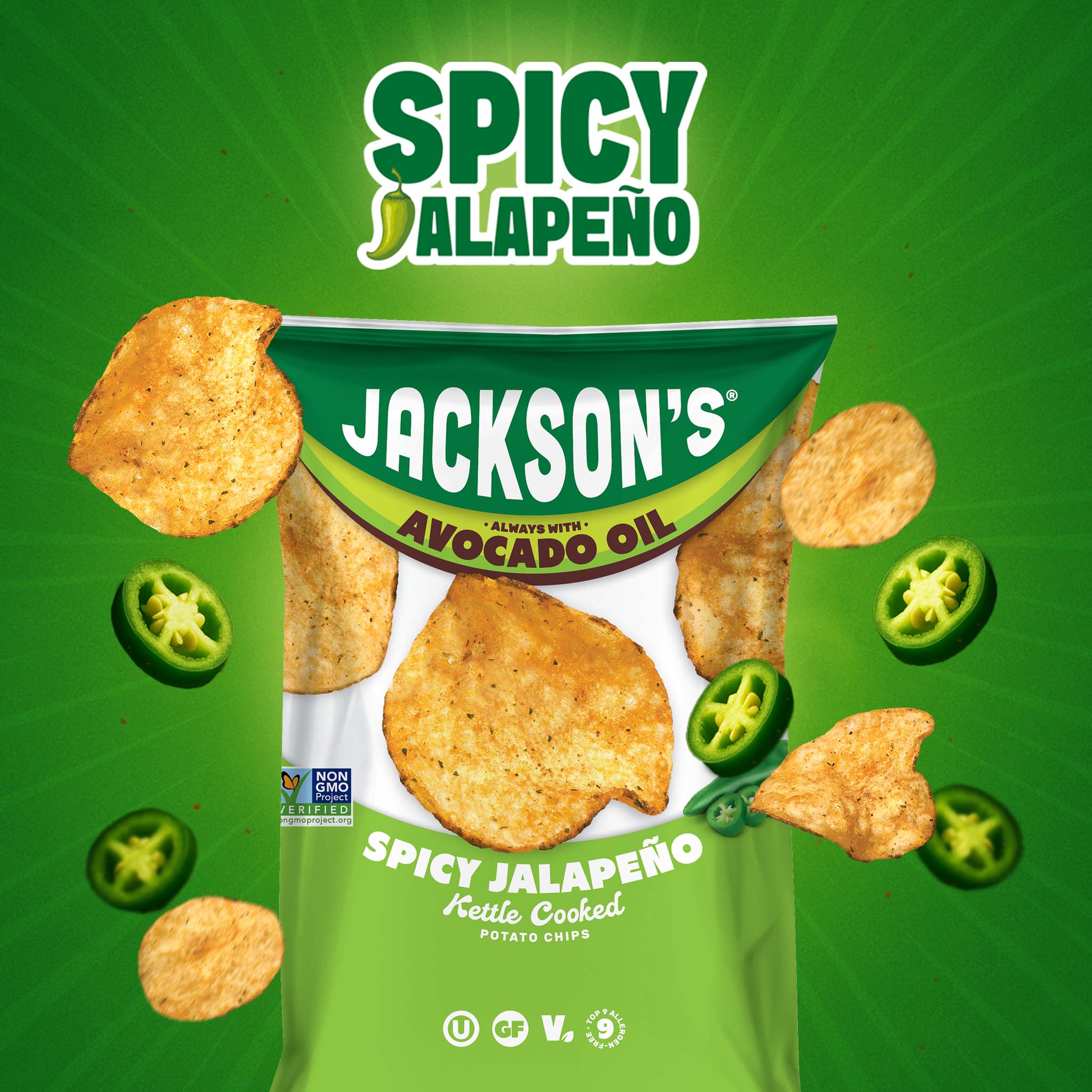 Jackson's Spicy Jalapeño Kettle Chips cooked in avocado oil. Vegan, Gluten-free,  perfect for lunch.