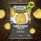 Jackson's Sea Salt & Cracked Pepper Kettle Chips cooked in avocado oil. Limited edition flavor. Black Pepper kettle chips. Gluten free, free of the top 9 allergens. Great for lunch.