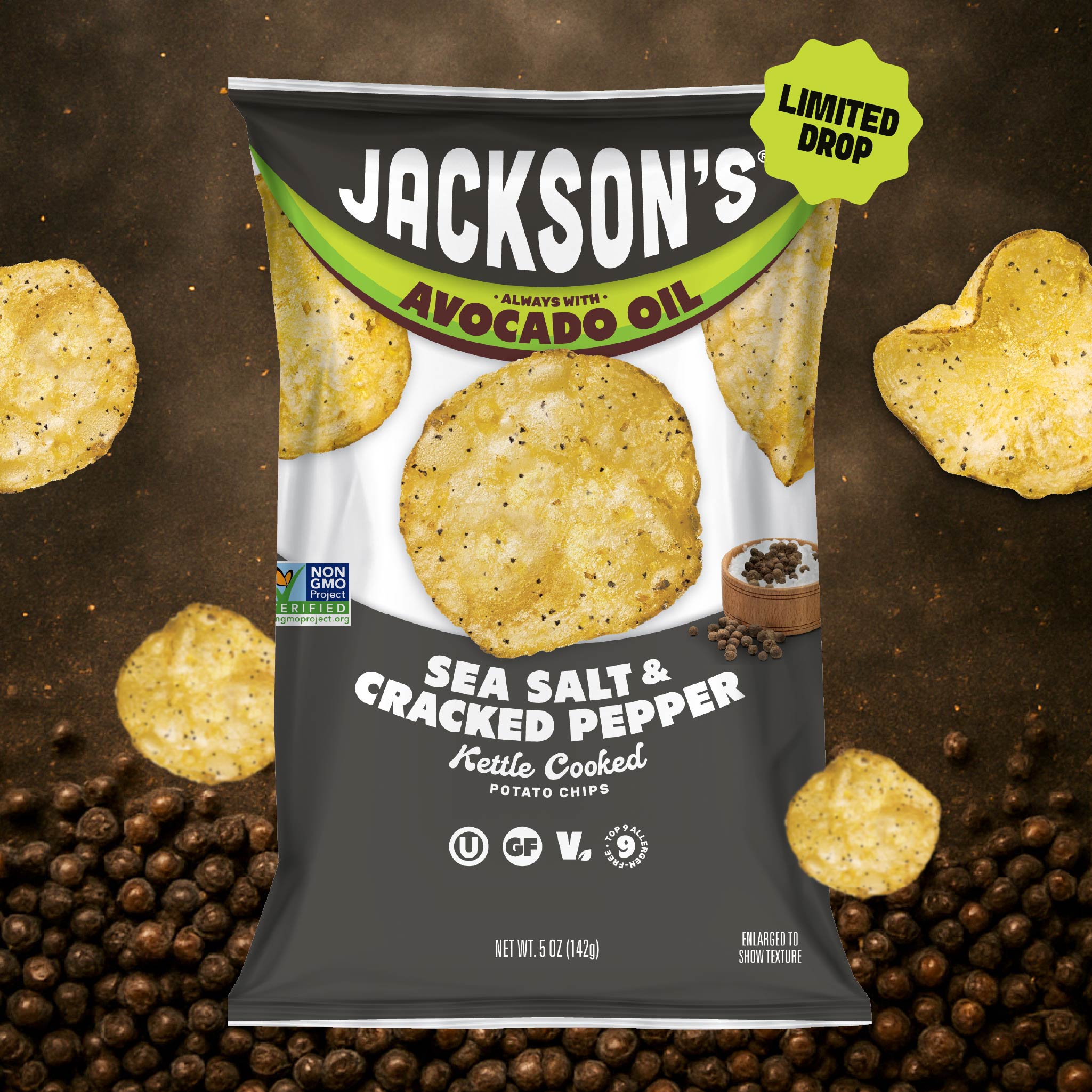 Jackson's Sea Salt & Cracked Pepper Kettle Chips cooked in avocado oil. Limited edition flavor. Black Pepper kettle chips. Gluten free, free of the top 9 allergens. Great for lunch.
