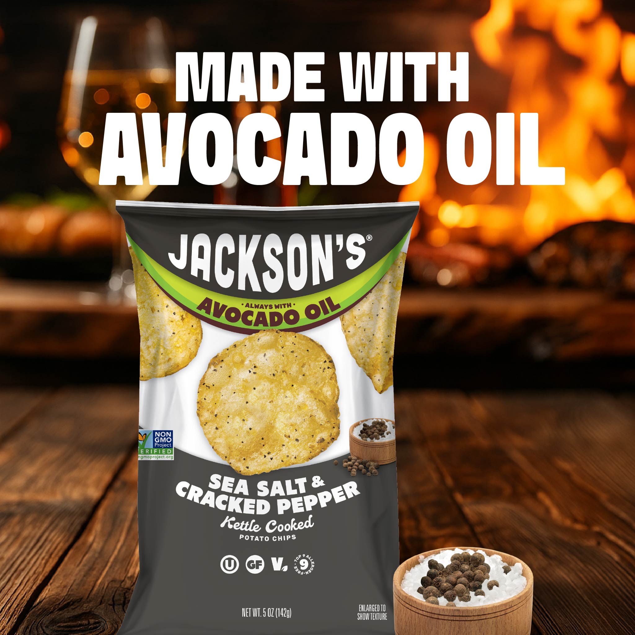 Jackson's Sea Salt & Cracked Pepper Kettle Chips cooked in avocado oil. Gluten free, free of the top 9 allergens. Better for you snacks. Seed Oil Free Snacks.