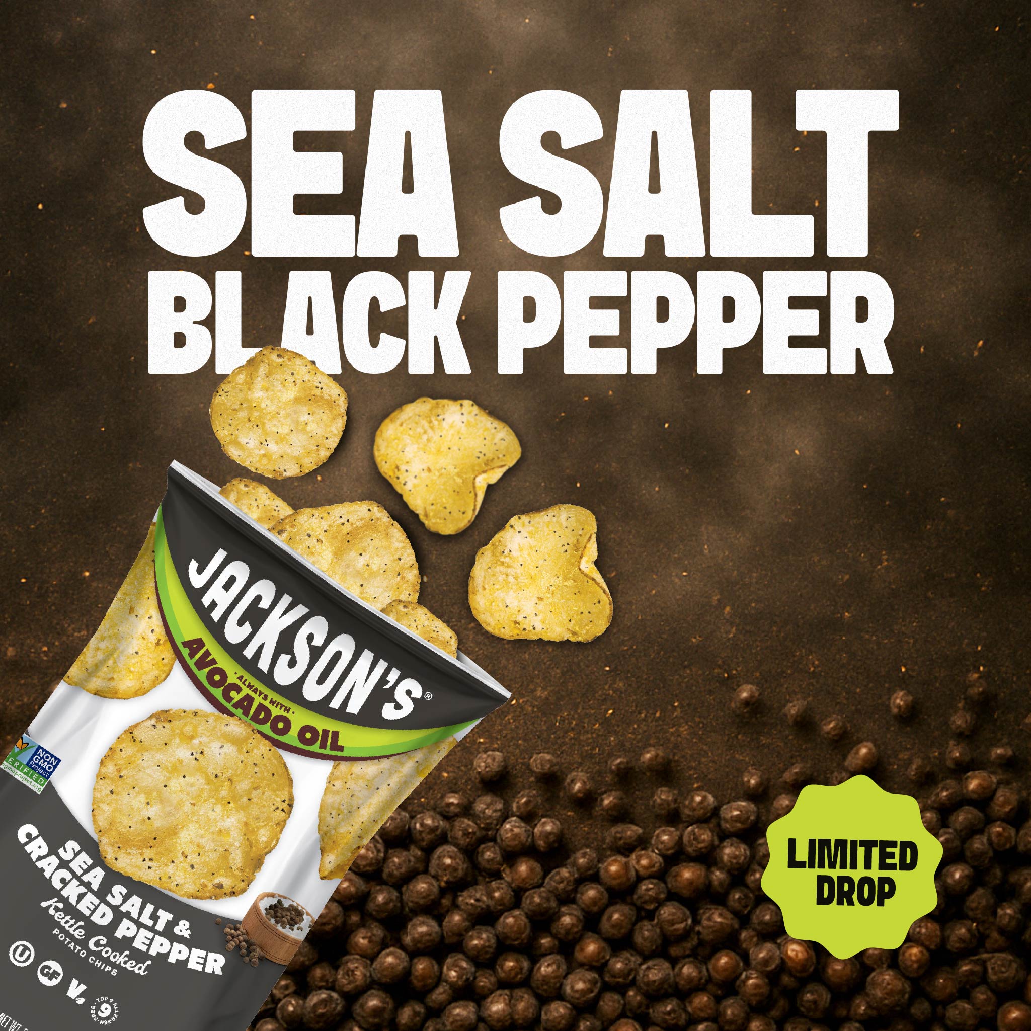 Limited Flavor Drop Jackson's Sea Salt & Cracked Pepper Kettle Chips cooked in avocado oil. Seed Oil Free Snacks. Sea salt pepper flavor chips.