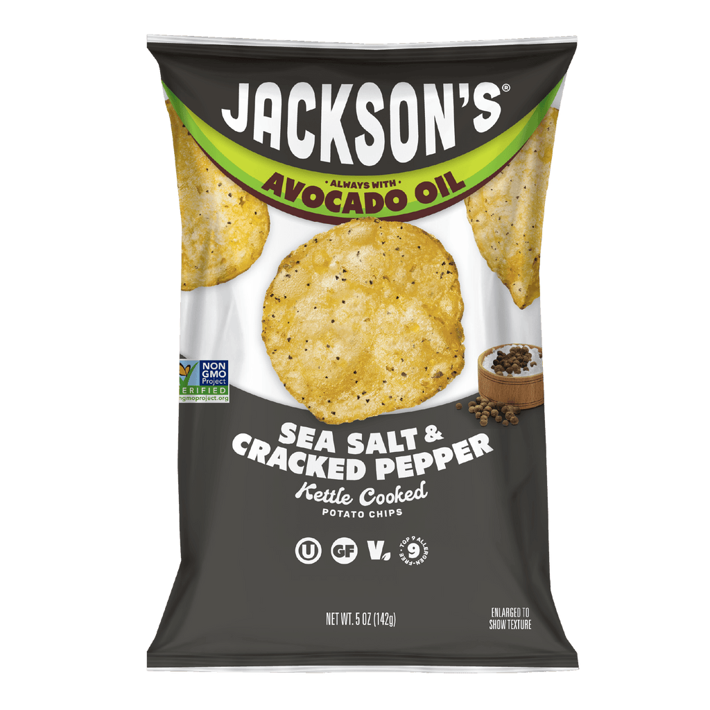 Jackson's Sea Salt & Cracked Pepper Kettle Chip Cooked in Avocado Oil. Perfect for lunch.