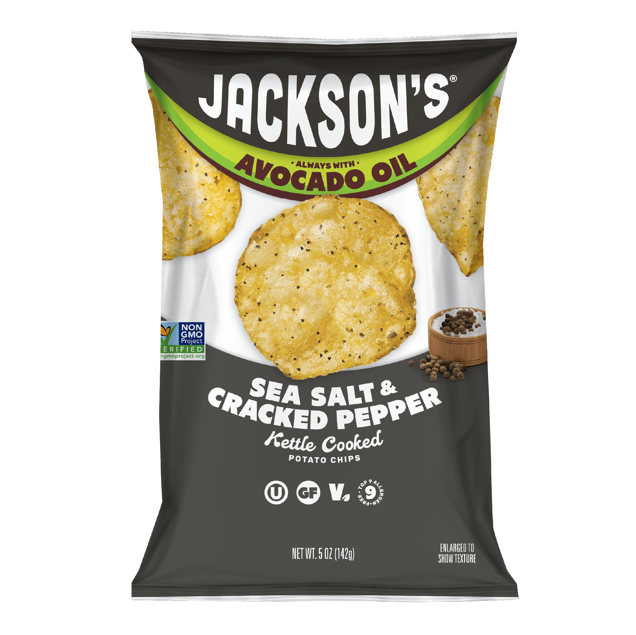 Jackson's Sea Salt & Cracked Pepper Kettle Chip Cooked in Avocado Oil. Perfect for lunch.