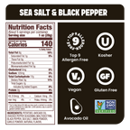Jackson's Sea Salt & Cracked Pepper Kettle Chip Cooked in Avocado Oil Nutrition Label, Top 9 allergen free, gluten free, vegan.