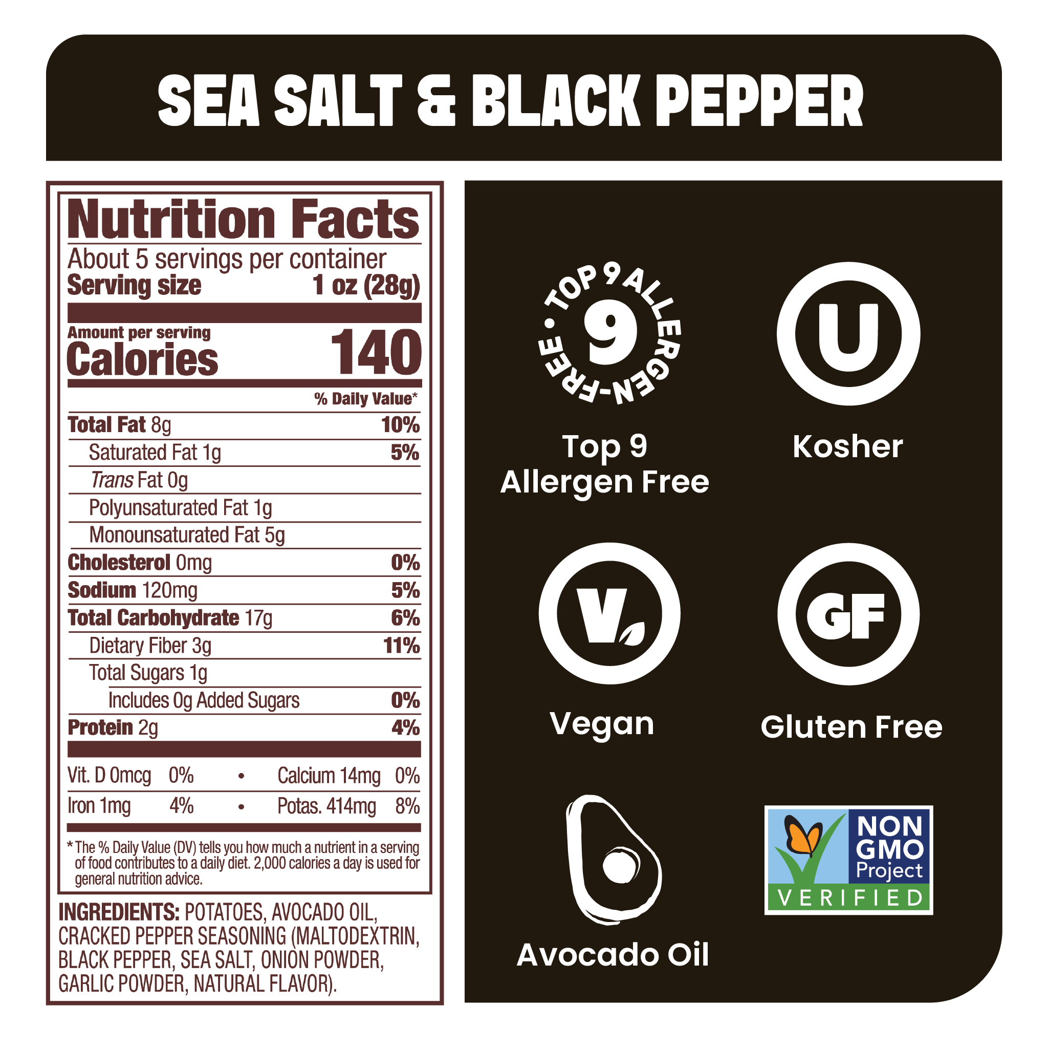 Jackson's Sea Salt & Cracked Pepper Kettle Chip Cooked in Avocado Oil Nutrition Label, Top 9 allergen free, gluten free, vegan.