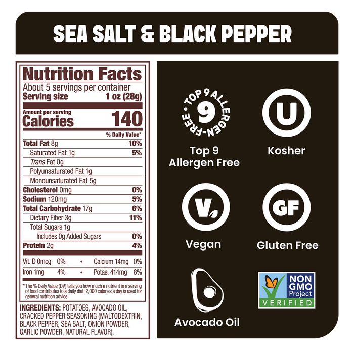 Jackson's Sea Salt & Cracked Pepper Kettle Chip Cooked in Avocado Oil Nutrition Label, Top 9 allergen free, gluten free, vegan.