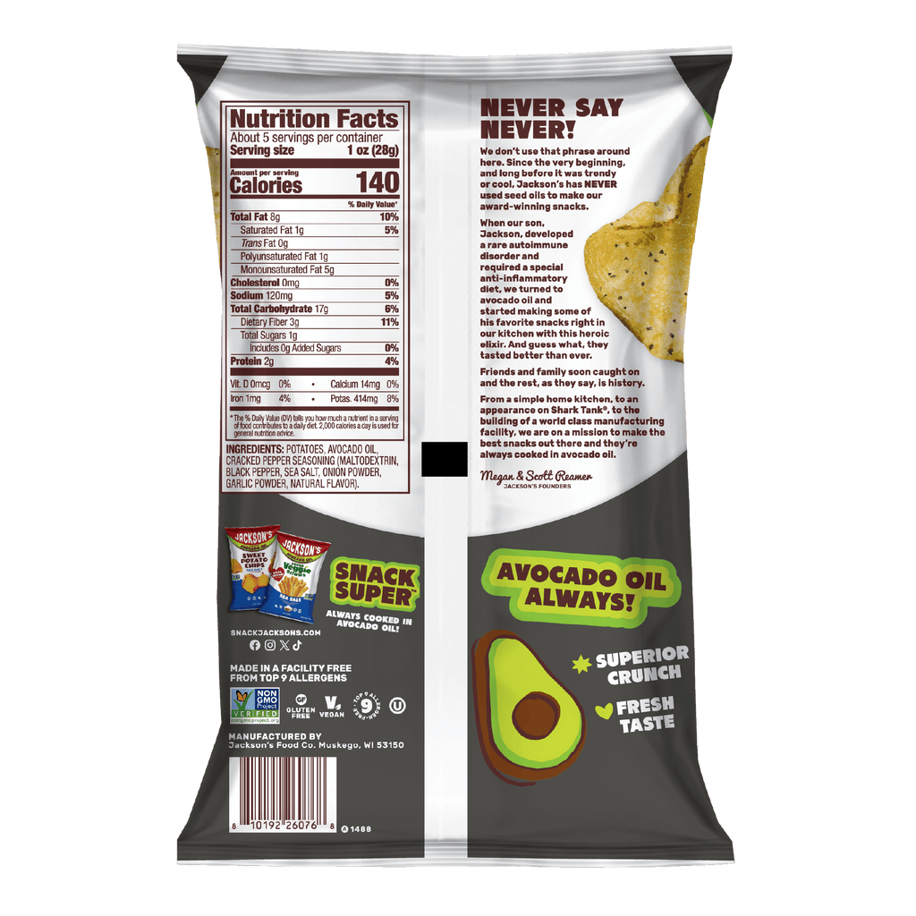 Jackson's Sea Salt & Cracked Pepper Kettle Chip Cooked in Avocado Oil. Back of the chip bag. Limited edition flavor.