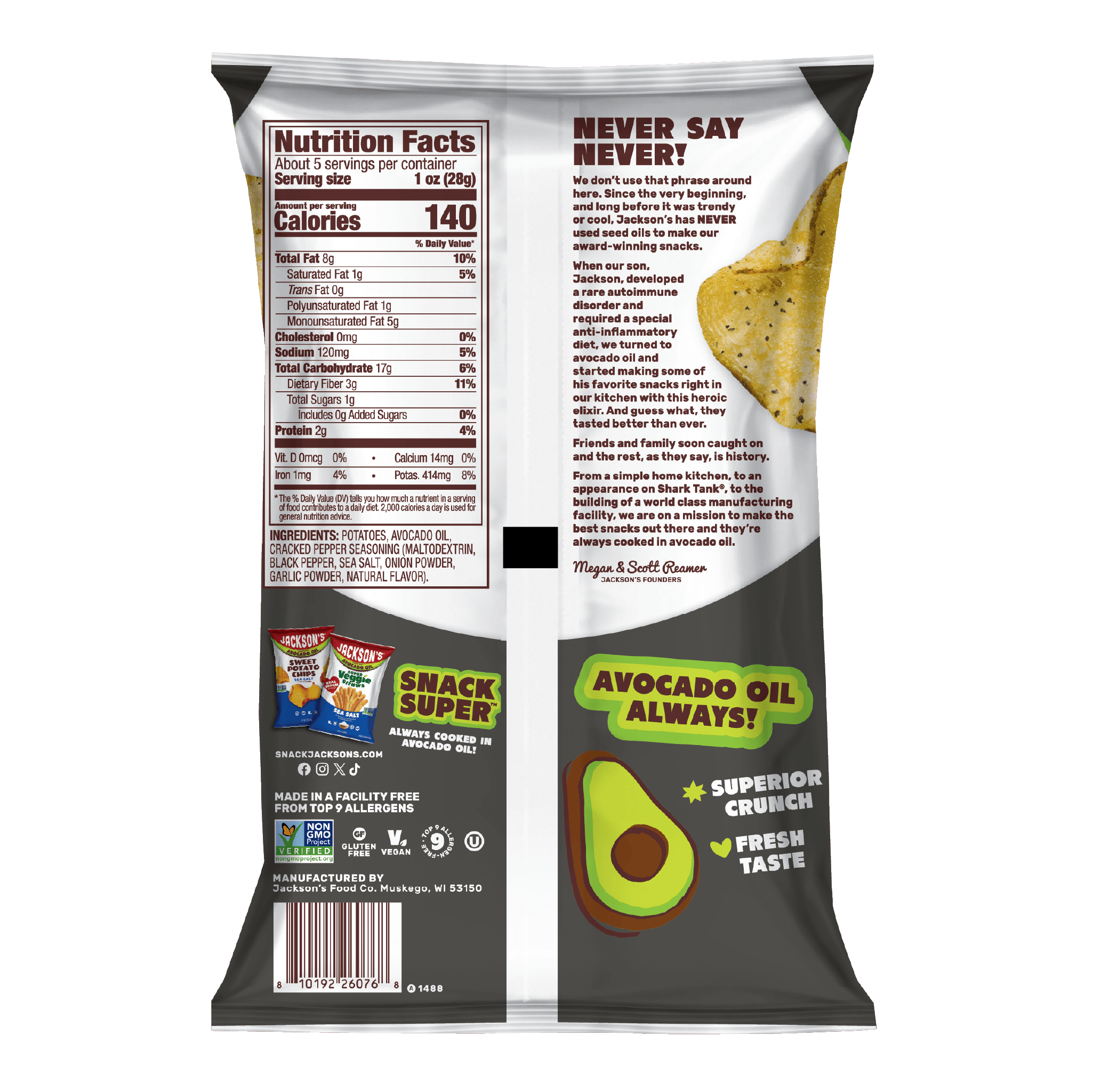 Jackson's Sea Salt & Cracked Pepper Kettle Chip Cooked in Avocado Oil. Back of the chip bag. Limited edition flavor.