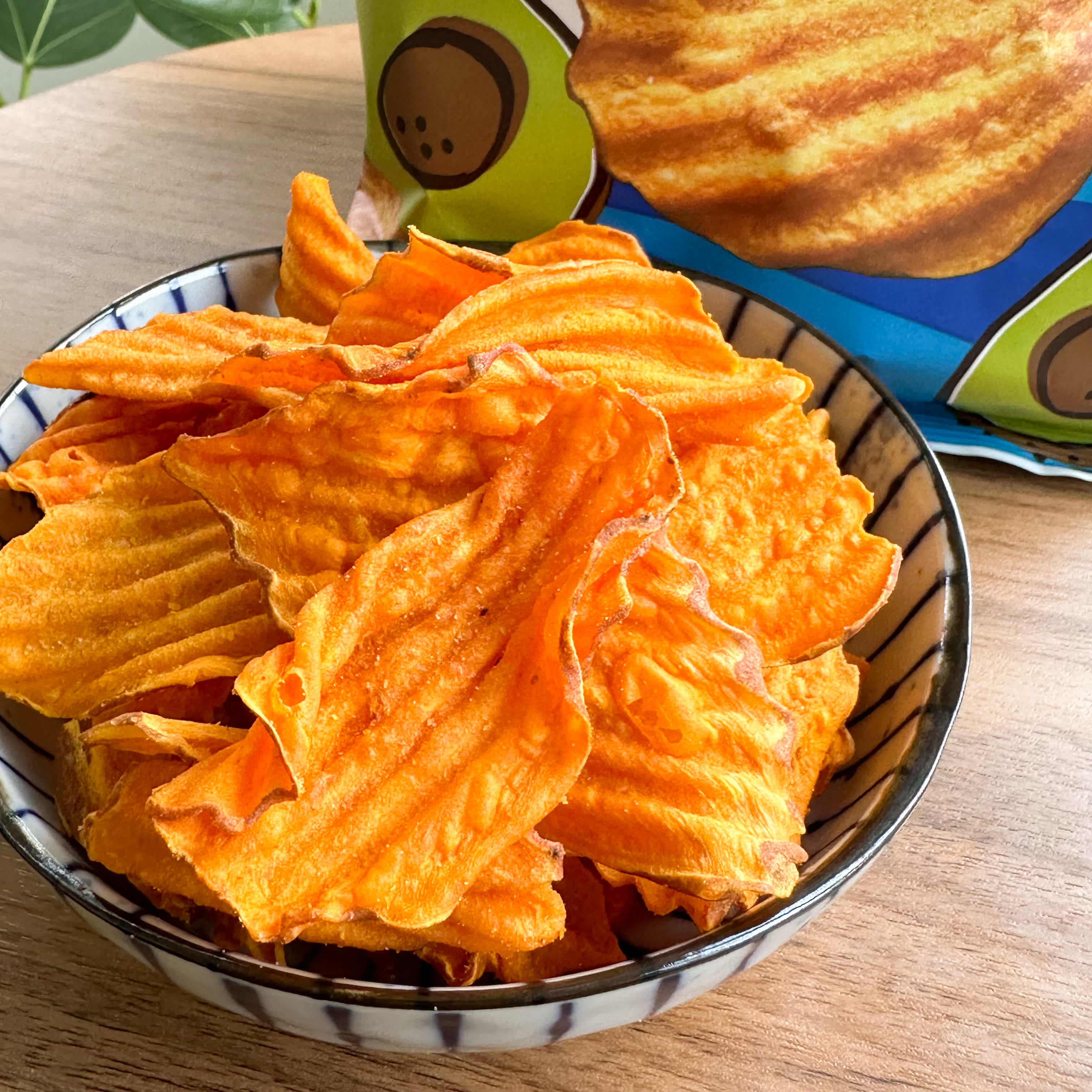Wavy cut kettle cooked chips for dipping made with sweet potatoes