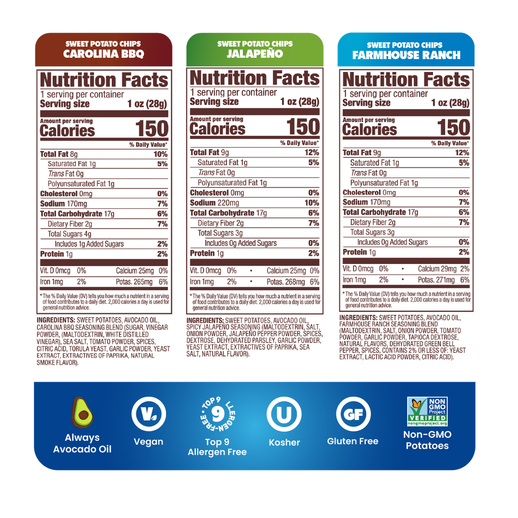 Jackson's Sweet Potato Chips cooked in avocado oil. Nutrition Labels of Farmhouse Ranch, Carolina BBQ, Spicy Jalapeno.