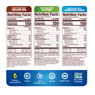 Jackson's Sweet Potato Chips cooked in avocado oil. Nutrition Labels of Farmhouse Ranch, Carolina BBQ, Spicy Jalapeno.