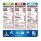 Three vertical panels showing nutrition facts for sweet potato chips from different flavor variants: Jalapeno, Carolina BBQ, and Farmhouse Ranch, with a blue banner at the bottom reading Always Avocado Oil, Vegan, Top 9 Spiced, Kosher, Gluten Free, and Non-GMO.