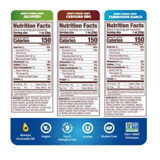 Three vertical panels showing nutrition facts for sweet potato chips from different flavor variants: Jalapeno, Carolina BBQ, and Farmhouse Ranch, with a blue banner at the bottom reading Always Avocado Oil, Vegan, Top 9 Spiced, Kosher, Gluten Free, and Non-GMO.