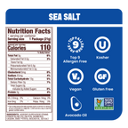 Jackson's Sea Salt Super Veggie Straws Nutrition label. top 9 allergen free, vegan, gluten free, non-gmo, cooked in avocado oil veggie snack. Snack size bags for school or lunch.