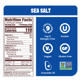 Jackson's Sea Salt Super Veggie Straws Nutrition label. top 9 allergen free, vegan, gluten free, non-gmo, cooked in avocado oil veggie snack. Snack size bags for school or lunch.