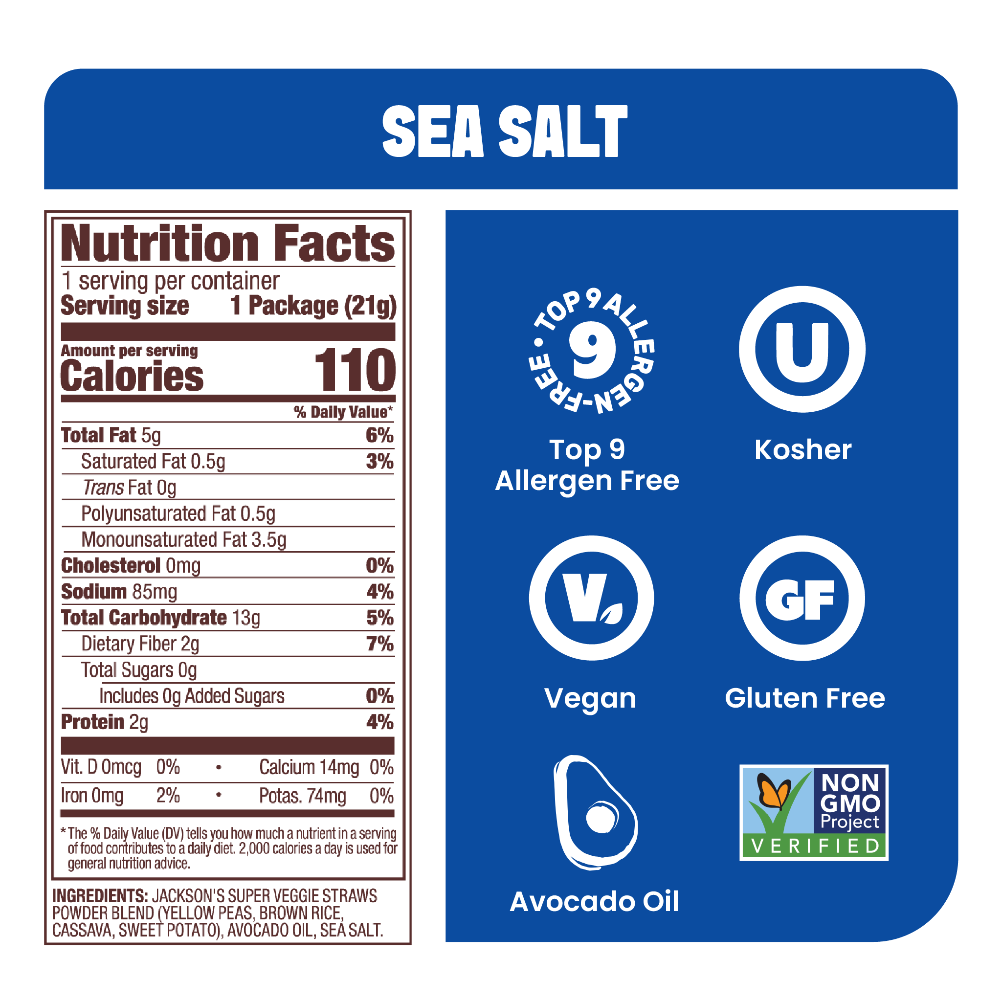 Jackson's Sea Salt Super Veggie Straws Nutrition label. top 9 allergen free, vegan, gluten free, non-gmo, cooked in avocado oil veggie snack. Snack size bags for school or lunch.