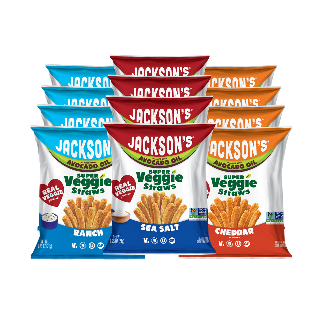 Four bags of Jackson's Super Veggie Straws in Ranch, Sea Salt, and Cheddar flavors, arranged in a fan-like cluster on a plain white background.