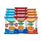 Four bags of Jackson's Super Veggie Straws in Ranch, Sea Salt, and Cheddar flavors, arranged in a fan-like cluster on a plain white background.