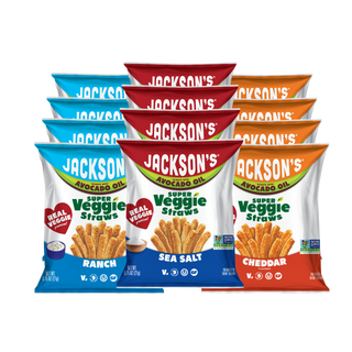 Four bags of Jackson's Super Veggie Straws in Ranch, Sea Salt, and Cheddar flavors, arranged in a fan-like cluster on a plain white background.