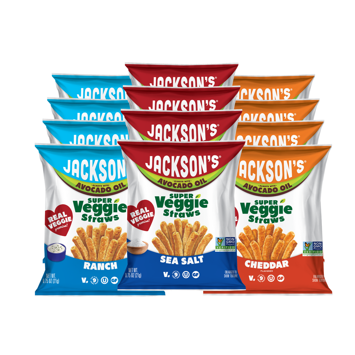 Four bags of Jackson's Super Veggie Straws in Ranch, Sea Salt, and Cheddar flavors, arranged in a fan-like cluster on a plain white background.