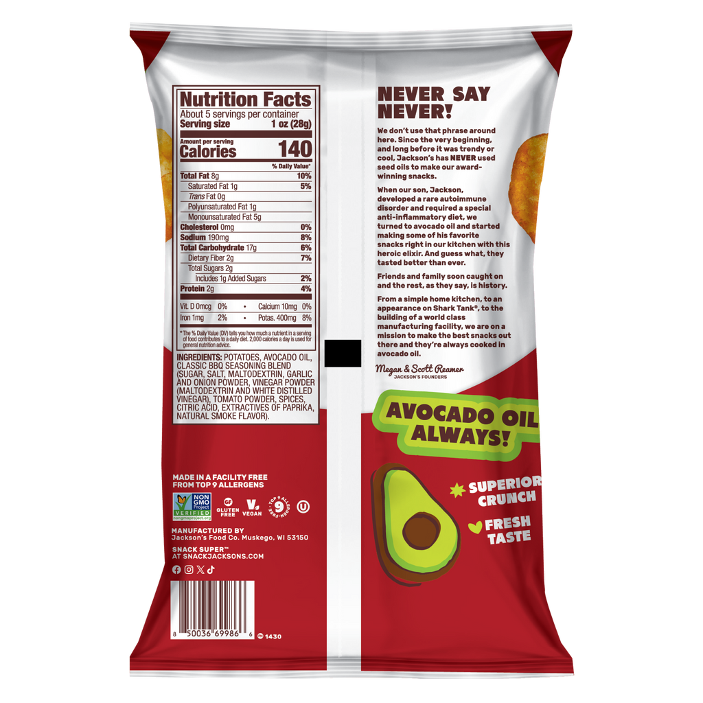 Barbecue Kettle Cooked Potato Chips cooked in avocado oil. Gluten free, non-gmo, crunchy potato chips, better-for-you snacking. Back of bag