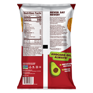 Barbecue Kettle Cooked Potato Chips cooked in avocado oil. Gluten free, non-gmo, crunchy potato chips, better-for-you snacking. Back of bag