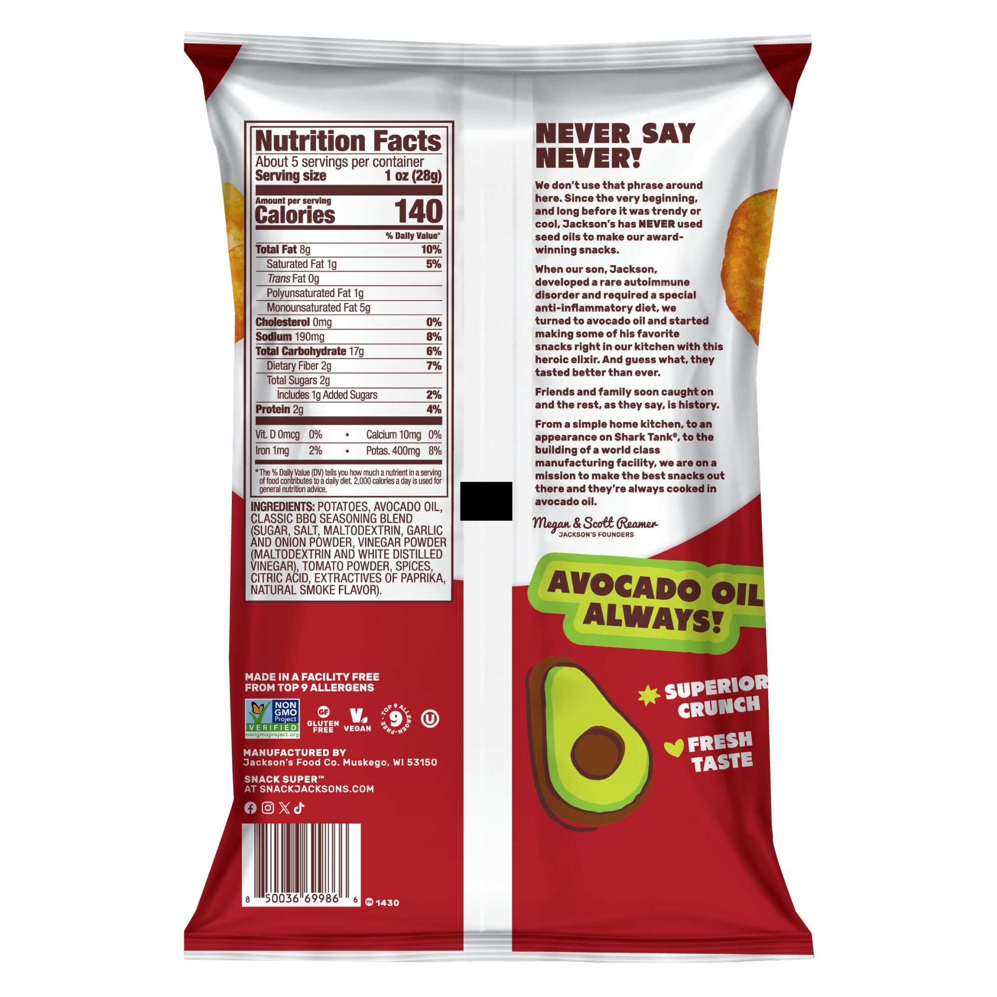 Barbecue Kettle Cooked Potato Chips cooked in avocado oil. Gluten free, non-gmo, crunchy potato chips, better-for-you snacking. Back of bag