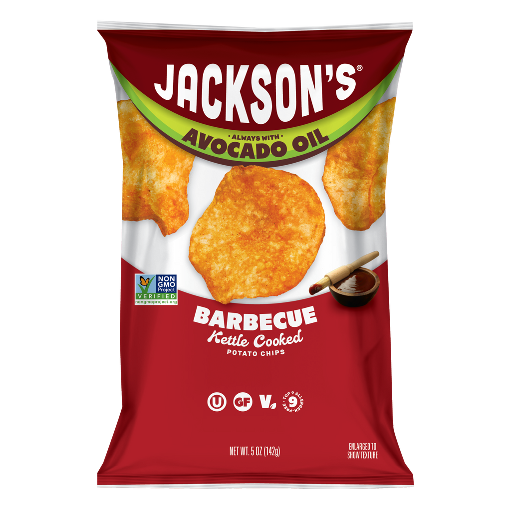 Barbecue Kettle Cooked Potato Chips cooked in avocado oil. Gluten free, non-gmo, crunchy potato chips, better-for-you snacking.