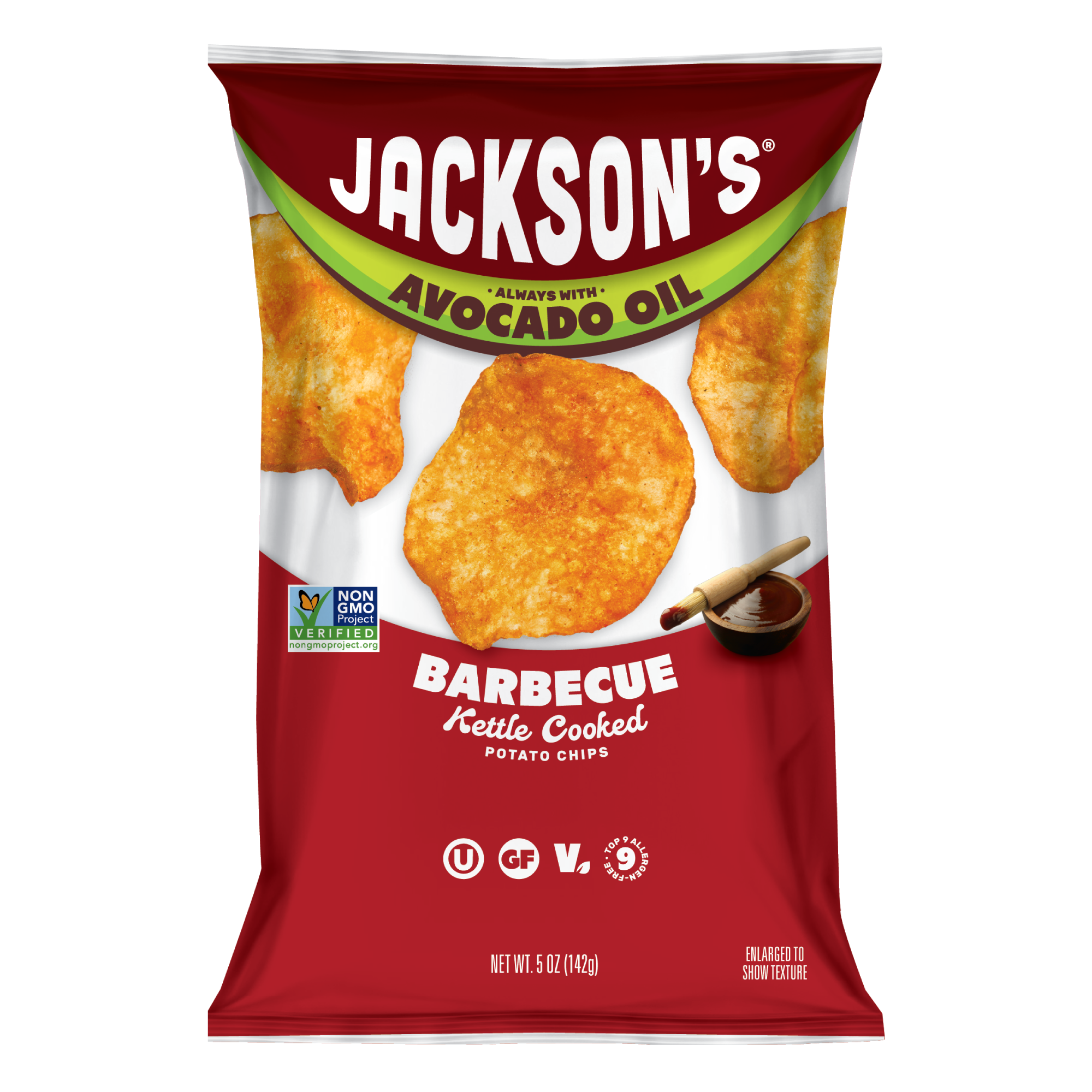 Barbecue Kettle Cooked Potato Chips cooked in avocado oil. Gluten free, non-gmo, crunchy potato chips, better-for-you snacking.