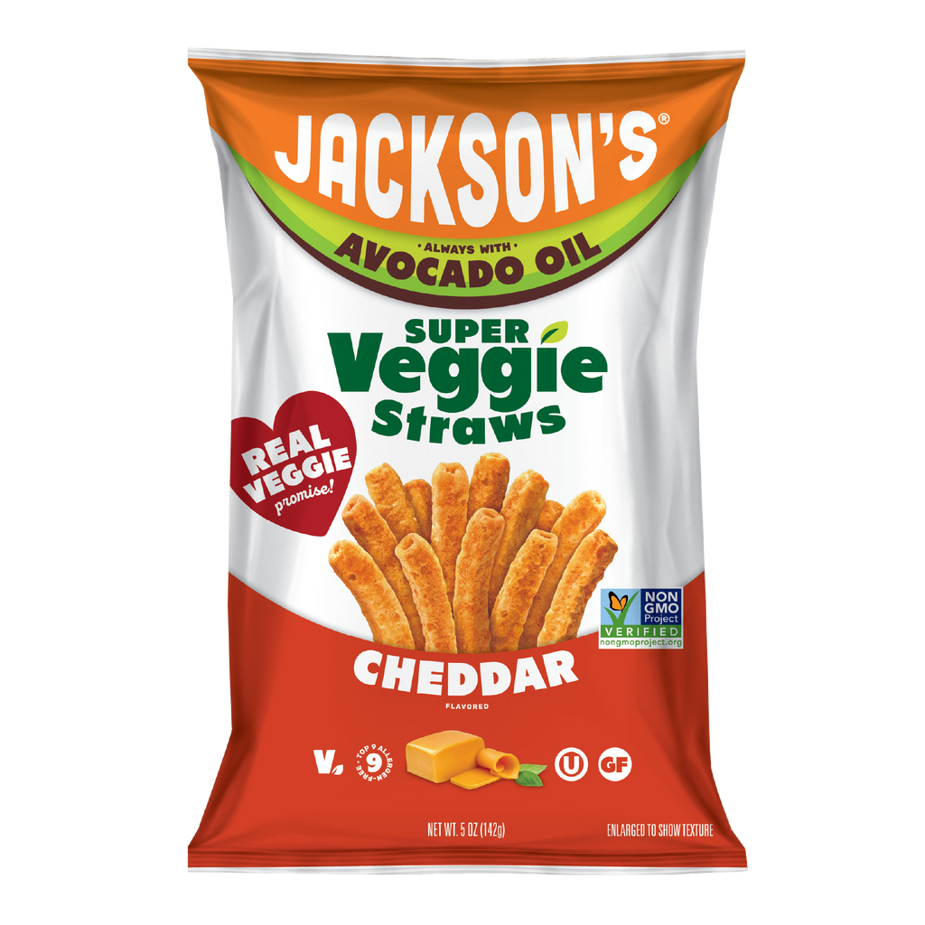 Cheddar Super Veggie Straws cooked in avocado oil, made with real veggies, dairy free, vegan, gluten free snacking. front of bag.