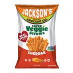 Cheddar Super Veggie Straws cooked in avocado oil, made with real veggies, dairy free, vegan, gluten free snacking. front of bag.