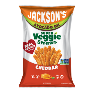 Cheddar Super Veggie Straws cooked in avocado oil, made with real veggies, dairy free, vegan, gluten free snacking. front of bag.