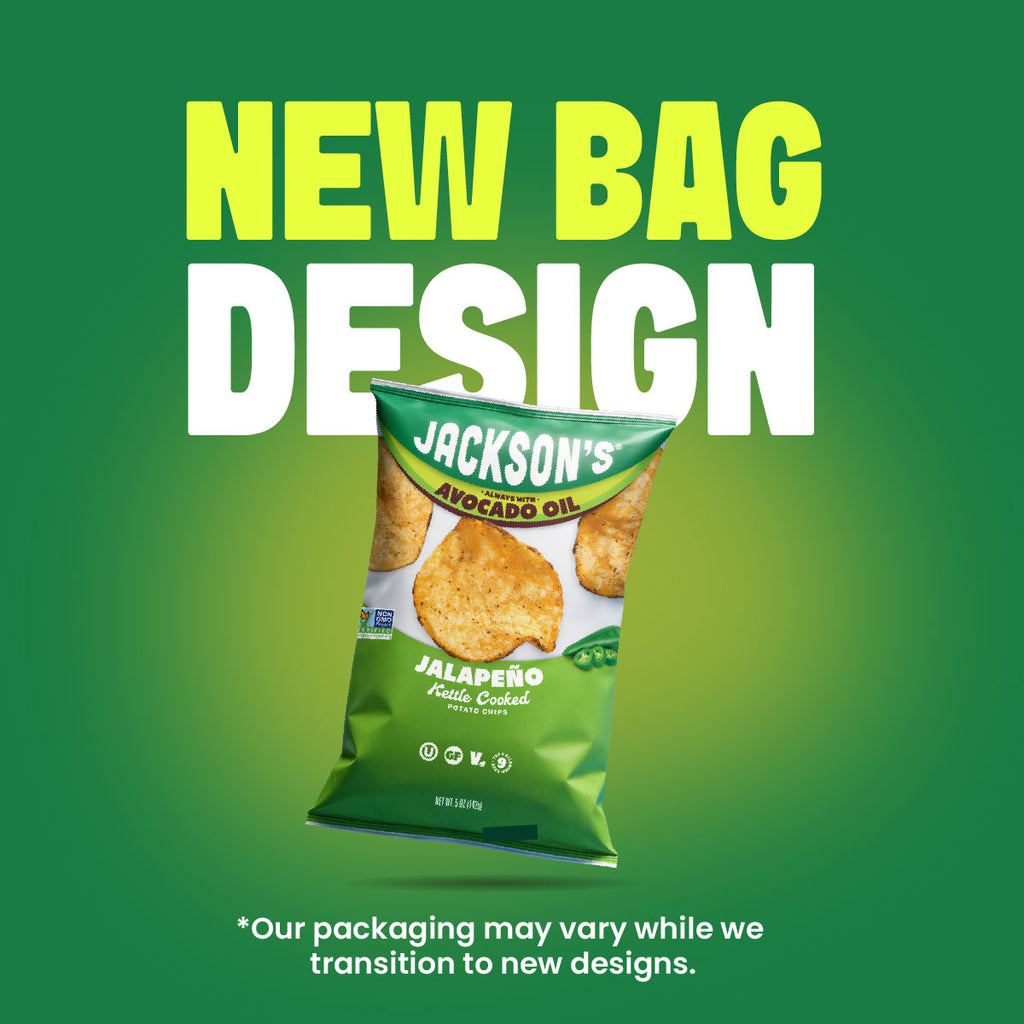 A promotional graphic for Jackson's Avocado Oil Jalapeño Ralleno Cuditulogged potato chips showing a single green bag of chips against a green gradient background with large text reading 'NEW BAG DESIGN' and smaller disclaimer text at the bottom.