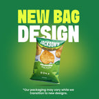 A promotional graphic for Jackson's Avocado Oil Jalapeño Ralleno Cuditulogged potato chips showing a single green bag of chips against a green gradient background with large text reading 'NEW BAG DESIGN' and smaller disclaimer text at the bottom.
