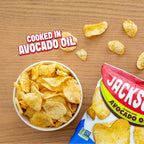 Jackson's kettle chips in a bowl and bag on a table with cooked in avocado oil text