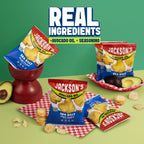 Snack-size bags of jackson's on a green surface with bowls, and trays and avocado, and checkered paper. Phrase real ingredients + avocado oil + seasoning