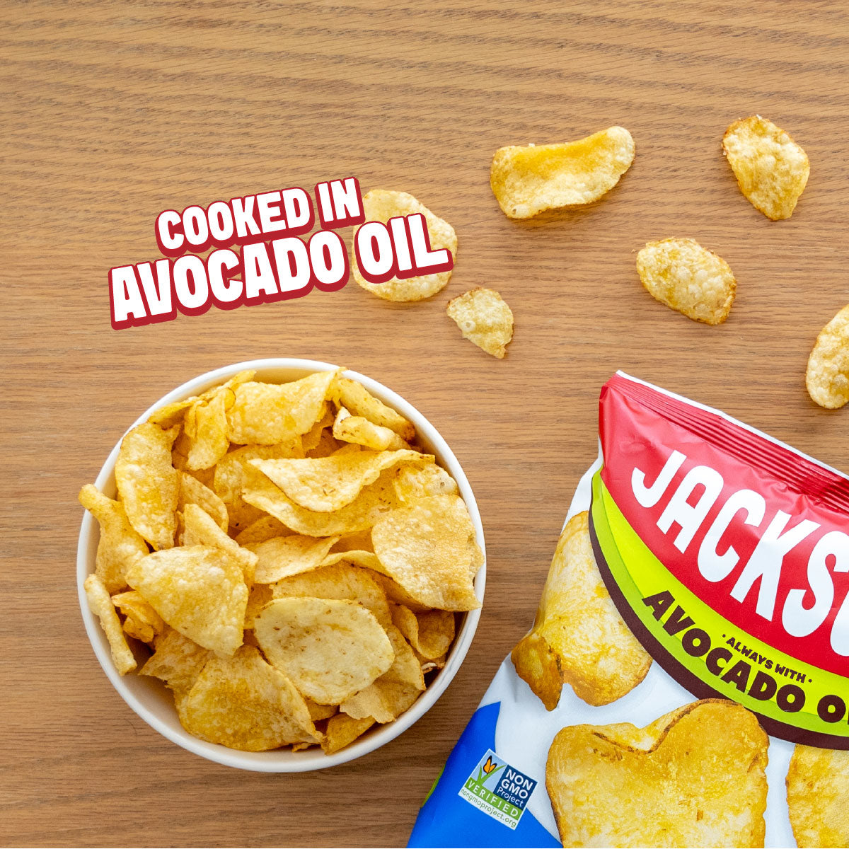 Jackson's potato chips in a bowl on a table cooked in avocado oil