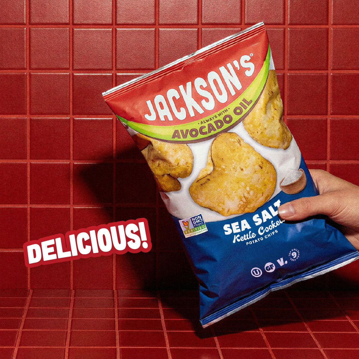 A hand holding a bag of Jackson's Sea Salt Keto Cookie Potato Chips against a red tiled background, with a 'DELICIOUS!' text overlay.